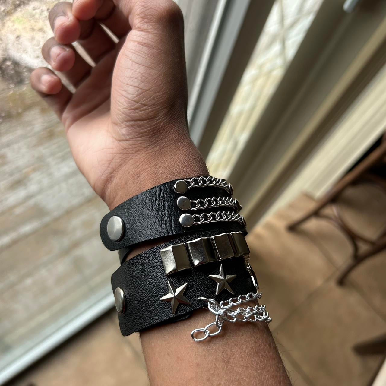 2 PCs Punk silver skull head bones and chains Stars studded faux leather bracelets gothic grunge emo boho pirate alternative rock style wristbands
