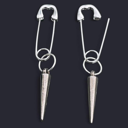 1 Pair of Silver hoop Earrings safety pin style with Acrylic black spikes pendants HANDMADE , Unique Elegant Punk Gothic Style silver safety Pin design hoop earrings with acrylic black spikes , silver pin with black spikes