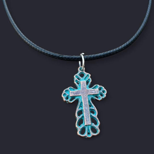 HANDMADE Gothic Cross Necklace with black Faux Leather cord - Cool & Chic Antique Silver Cross Pendant Necklace with black Faux Leather Rope - Adjustable, Versatile Gift for Punk grunge Fashion Jewelry necklace