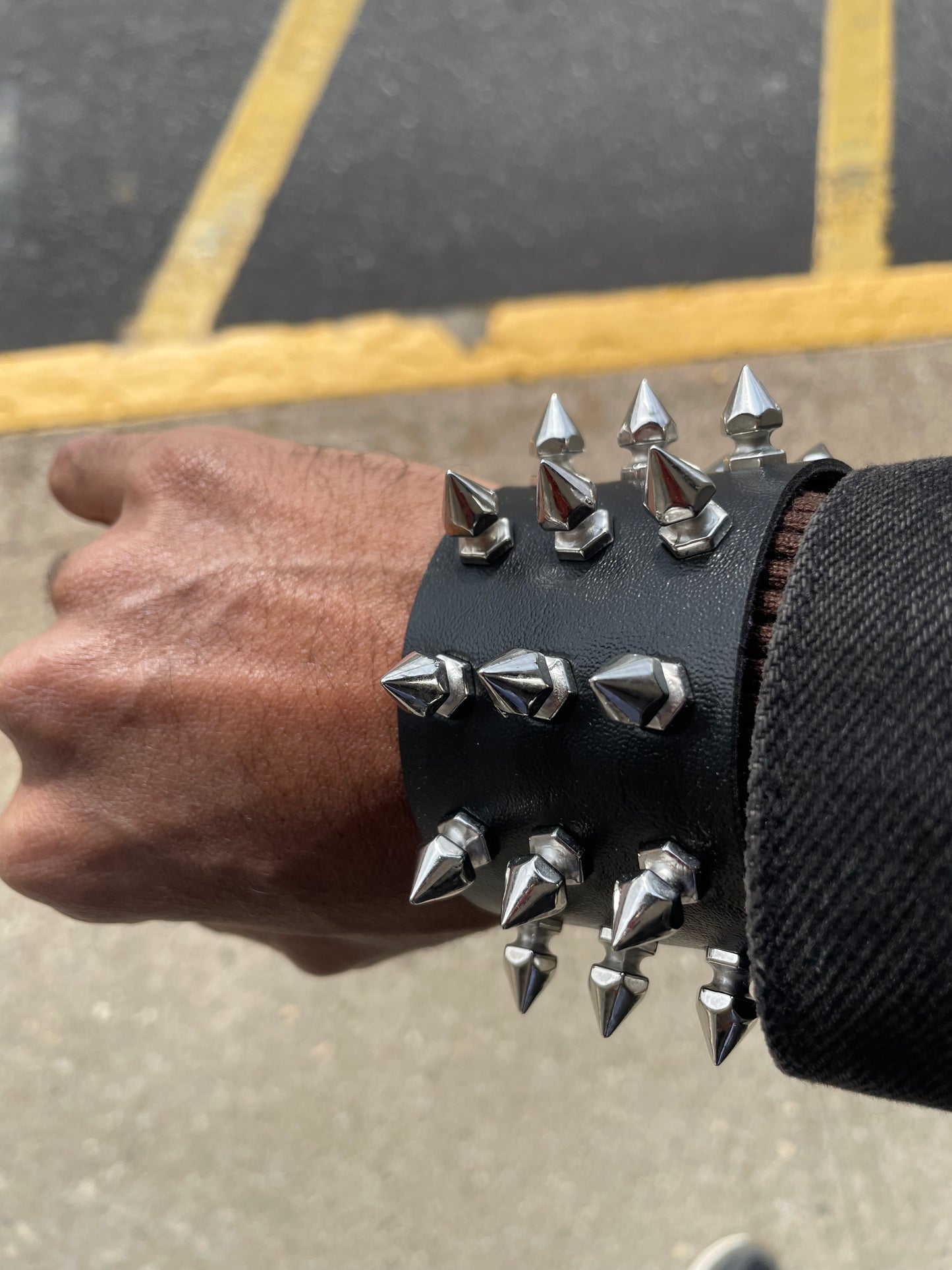 Punk Y2K silver spiked studded black faux leather bracelet gothic grunge boho emo wristband jewelry unisex