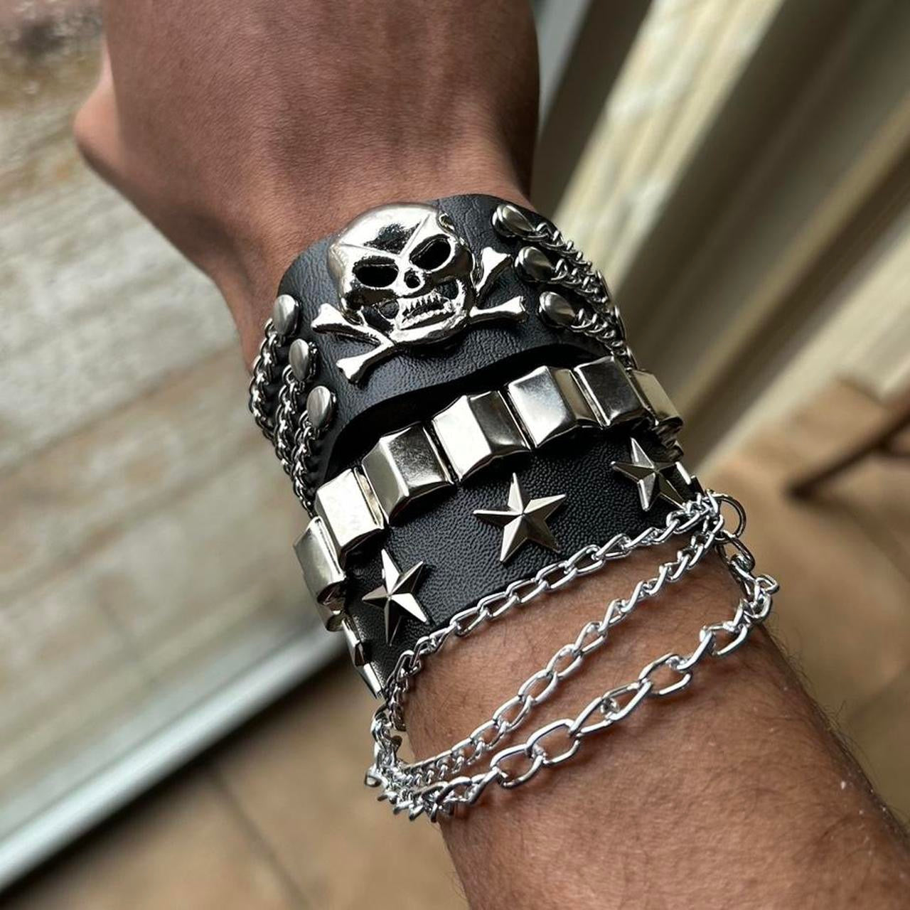 2 PCs Punk silver skull head bones and chains Stars studded faux leather bracelets gothic grunge emo boho pirate alternative rock style wristbands