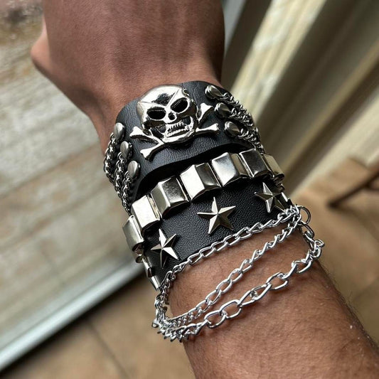 2 PCs Punk silver skull head bones and chains Stars studded faux leather bracelets gothic grunge emo boho pirate alternative rock style wristbands