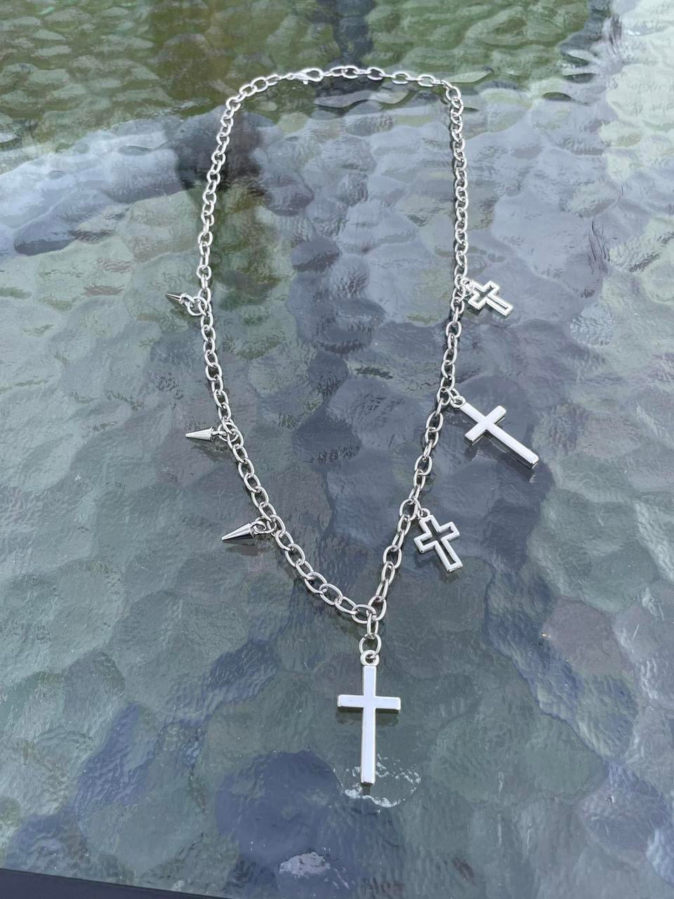 Y2K Punk silver Necklace Boho Grunge Clavicle Chain Unisex necklaces chains jewelry Emo accessories jewelry , silver spikes and silver crosses chain necklace tribal jewelry Halloween