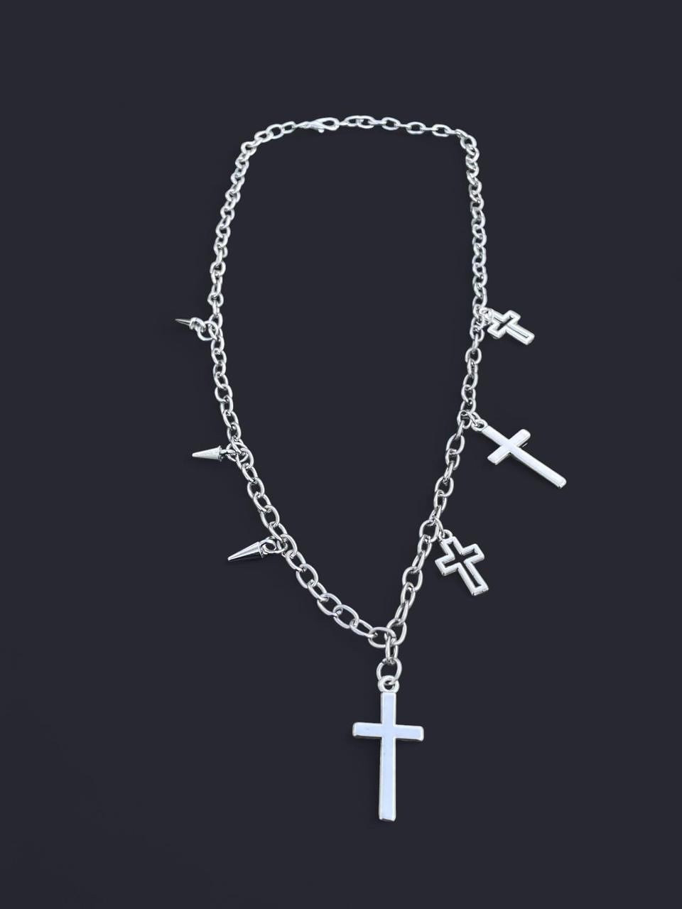 Y2K Punk silver Necklace Boho Grunge Clavicle Chain Unisex necklaces chains jewelry Emo accessories jewelry , silver spikes and silver crosses chain necklace tribal jewelry Halloween