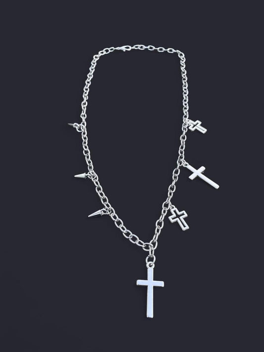 Y2K Punk silver Necklace Boho Grunge Clavicle Chain Unisex necklaces chains jewelry Emo accessories jewelry , silver spikes and silver crosses chain necklace tribal jewelry Halloween